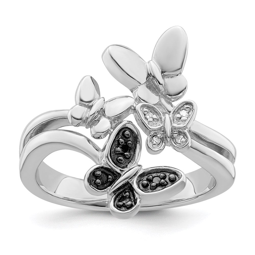Image of ID 1 White Night Sterling Silver Rhodium-plated White and Black Diamond Butterfly Ring