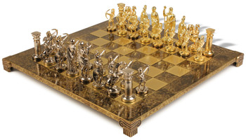 Image of ID 1202985446 Archers Theme Chess Set with Bronze & Blue Copper Pieces - Brown Board
