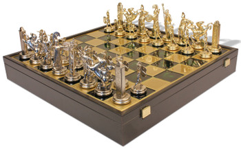 Image of ID 1202985451 Large Poseidon Theme Chess Set Brass & Nickel Pieces with Green Board on Case
