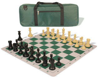 Image of ID 1223059385 Conqueror Deluxe Carry-All Plastic Chess Set Black & Camel Pieces with Lightweight Floppy Board - Green