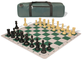 Image of ID 1223059392 Conqueror Carry-All Plastic Chess Set Black & Camel Pieces with Lightweight Floppy Board - Green