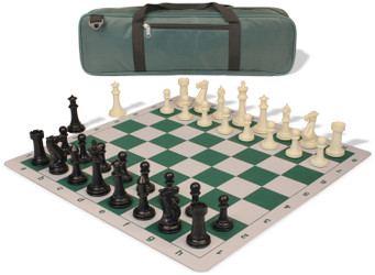 Image of ID 1223059399 Executive Carry-All Plastic Chess Set Black & Ivory Pieces with Lightweight Floppy Board - Green