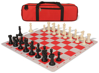 Image of ID 1223059401 Executive Large Carry-All Plastic Chess Set Black & Ivory Pieces with Lightweight Floppy Board & Bag - Red
