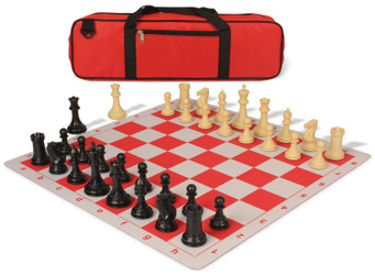 Image of ID 1223059405 Conqueror Large Carry-All Plastic Chess Set Black & Camel Pieces with Lightweight Floppy Board - Red