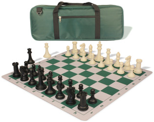 Image of ID 1223059415 Professional Deluxe Carry-All Plastic Chess Set Black & Ivory Pieces with Lightweight Floppy Board - Green