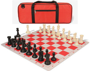 Image of ID 1223059420 Professional Deluxe Carry-All Plastic Chess Set Black & Ivory Pieces with Lightweight Floppy Board - Red