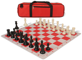 Image of ID 1223059421 Conqueror Large Carry-All Plastic Chess Set Black & Ivory Pieces with Lightweight Floppy Board - Red