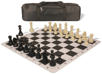 Image of ID 1223059430 German Knight Carry-All Plastic Chess Set Black & Aged Ivory Pieces with Lightweight Floppy Board - Black