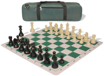 Image of ID 1223059433 German Knight Carry-All Plastic Chess Set Black & Aged Ivory Pieces with Lightweight Floppy Board - Green