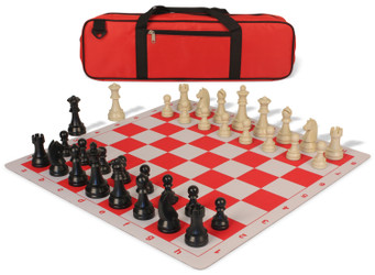 Image of ID 1223059434 German Knight Large Carry-All Plastic Chess Set Black & Aged Ivory Pieces with Lightweight Floppy Board - Red