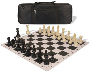 Image of ID 1223059438 German Knight Deluxe Carry-All Plastic Chess Set Black & Aged Ivory Pieces with Lightweight Floppy Board - Black