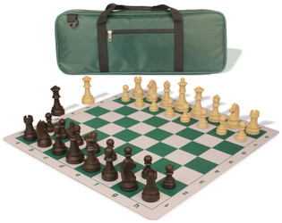 Image of ID 1223059444 German Knight Deluxe Carry-All Plastic Chess Set Brown & Natural Wood Grain Pieces with Lightweight Floppy Board - Green