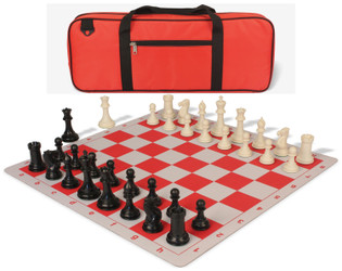 Image of ID 1223059449 Conqueror Deluxe Carry-All Plastic Chess Set Black & Ivory Pieces with Lightweight Floppy Board - Red