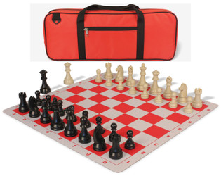 Image of ID 1223126299 German Knight Deluxe Carry-All Plastic Chess Set Black & Aged Ivory Pieces with Lightweight Floppy Board - Red