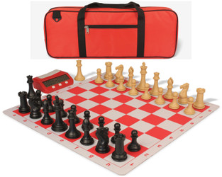 Image of ID 1223126324 Professional Deluxe Carry-All Plastic Chess Set Black & Camel Pieces with Clock & Lightweight Floppy Board - Red