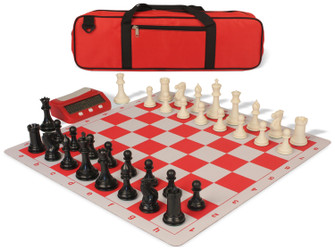 Image of ID 1223126360 Conqueror Large Carry-All Plastic Chess Set Black & Ivory Pieces with Clock & Lightweight Floppy Board - Red
