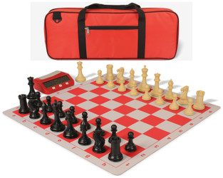 Image of ID 1223126361 Conqueror Deluxe Carry-All Plastic Chess Set Black & Camel Pieces with Clock & Lightweight Floppy Board - Red