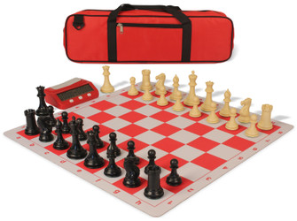 Image of ID 1223126365 Conqueror Large Carry-All Plastic Chess Set Black & Camel Pieces with Clock & Lightweight Floppy Board - Red