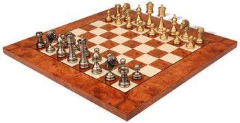 Image of ID 1223427324 Classic Staunton Solid Brass Chess Set with Elm Burl Board