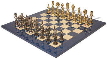 Image of ID 1223769397 Large Arabesque Contemporary Staunton Metal Chess Set with Blue Ash Burl Chess Board