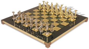 Image of ID 1229103493 The Labors of Hercules Theme Chess Set with Brass & Nickel Pieces - Green Board