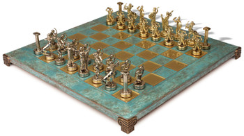 Image of ID 1229103503 The Giants Battle Theme Chess Set with Brass & Nickel Pieces - Turquoise Board