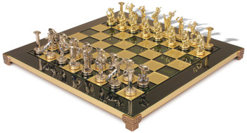Image of ID 1229103509 The Giants Battle Theme Chess Set with Brass & Nickel Pieces - Green Board