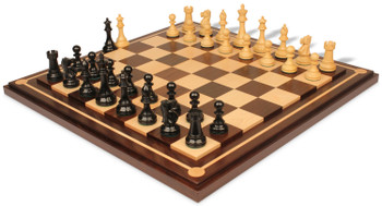 Image of ID 1229103517 British Staunton Chess Set Ebony & Boxwood Pieces with Mission Craft Walnut Chess Board - 4" King