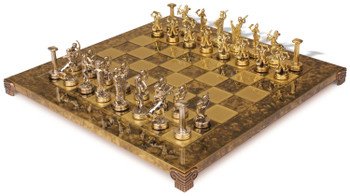 Image of ID 1229103522 The Giants Battle Theme Chess Set with Brass & Nickel Pieces - Brown Board