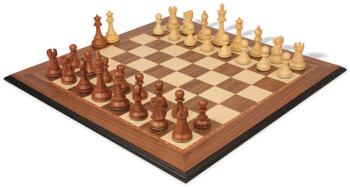 Image of ID 1229103542 British Staunton Chess Set Acacia & Boxwood Pieces with Walnut & Maple Molded Edge Board - 4" King