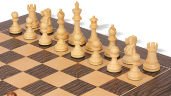 Image of ID 1229605962 British Staunton Chess Set Acacia & Boxwood Pieces with Deluxe Tiger Ebony & Maple Board - 4" King