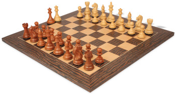 Image of ID 1229757965 Fierce Knight Staunton Chess Set Acacia & Boxwood Pieces with Deluxe Tiger Ebony & Maple Board - 4" King