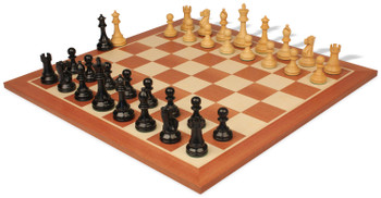 Image of ID 1230952942 British Staunton Chess Set Ebonized & Boxwood Pieces with Sunrise Mahogany Chess Board - 4" King