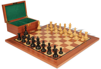 Image of ID 1233296776 British Staunton Chess Set Ebonized & Boxwood Pieces with Classic Mahogany Board & Box - 4" King