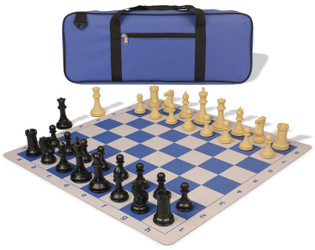 Image of ID 1234770374 Conqueror Deluxe Carry-All Plastic Chess Set Black & Camel Pieces with Lightweight Floppy Board - Royal Blue