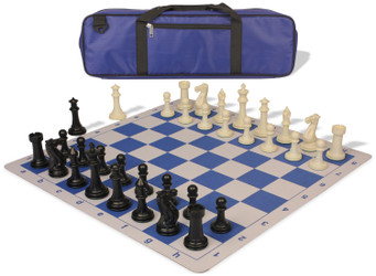 Image of ID 1234770386 Executive Carry-All Plastic Chess Set Black & Ivory Pieces with Lightweight Floppy Board - Royal Blue