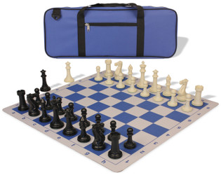 Image of ID 1234770391 Executive Deluxe Carry-All Plastic Chess Set Black & Ivory Pieces with Lightweight Floppy Board & Bag - Royal Blue