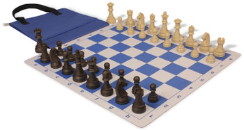 Image of ID 1234770396 German Knight Easy-Carry Plastic Chess Set Brown & Natural Wood Grain Pieces with Lightweight Floppy Board - Royal Blue