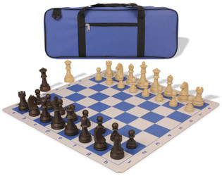 Image of ID 1234770399 German Knight Deluxe Carry-All Plastic Chess Set Brown & Natural Wood Grain Pieces with Lightweight Floppy Board - Royal Blue