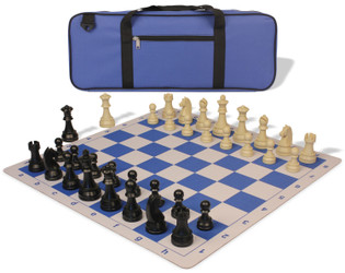 Image of ID 1234770400 German Knight Deluxe Carry-All Plastic Chess Set Black & Aged Ivory Pieces with Lightweight Floppy Board - Royal Blue