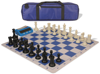 Image of ID 1234770405 Conqueror Large Carry-All Plastic Chess Set Black & Ivory Pieces with Clock & Lightweight Floppy Board - Royal Blue