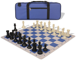 Image of ID 1234770439 Professional Deluxe Carry-All Plastic Chess Set Black & Ivory Pieces with Lightweight Floppy Board - Blue