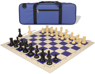 Image of ID 1235535899 Conqueror Deluxe Carry-All Plastic Chess Set Black & Camel Pieces with Rollup Board - Blue