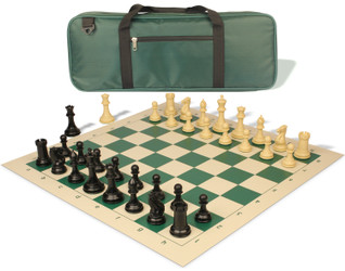 Image of ID 1235535900 Conqueror Deluxe Carry-All Plastic Chess Set Black & Camel Pieces with Rollup Board - Green