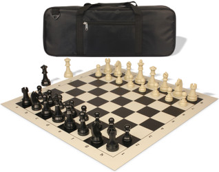 Image of ID 1235535901 German Knight Deluxe Carry-All Plastic Chess Set Black & Aged Ivory Pieces with Roll-up Vinyl Board & Bag - Black