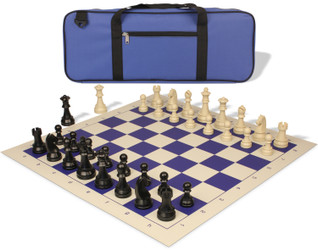 Image of ID 1235535902 German Knight Deluxe Carry-All Plastic Chess Set Black & Aged Ivory Pieces with Roll-up Vinyl Board & Bag - Blue