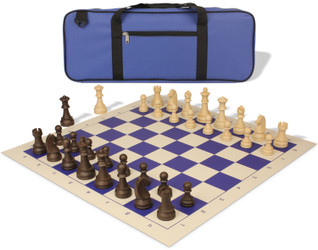 Image of ID 1235535905 German Knight Deluxe Carry-All Plastic Chess Set Wood Grain Pieces with Vinyl Roll-up Board & Bag - Blue
