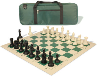Image of ID 1235535911 Professional Deluxe Carry-All Plastic Chess Set Black & Ivory Pieces with Vinyl Roll-up Board & Bag - Green