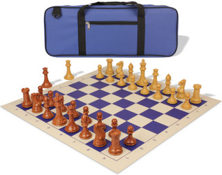 Image of ID 1235535913 Professional Deluxe Carry-All Plastic Chess Set Wood Grain Pieces with Vinyl Roll-up Board & Bag - Blue