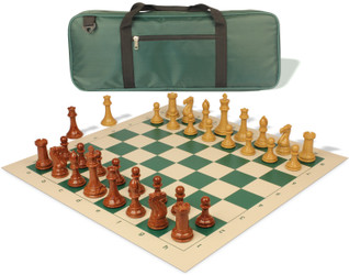 Image of ID 1235535914 Professional Deluxe Carry-All Plastic Chess Set Wood Grain Pieces with Vinyl Roll-up Board & Bag - Green